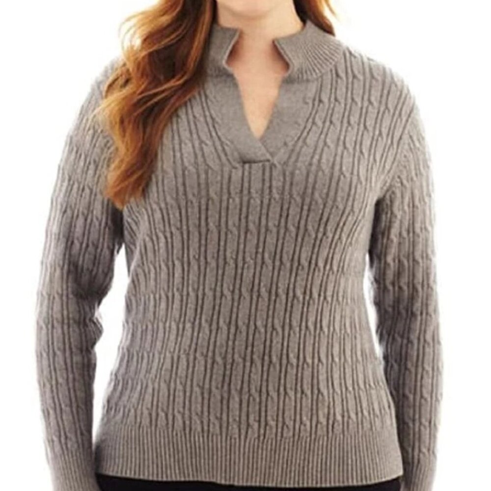 Liz Claiborne Long-Sleeve Split-Neck Smoke Gray Sweater 3X